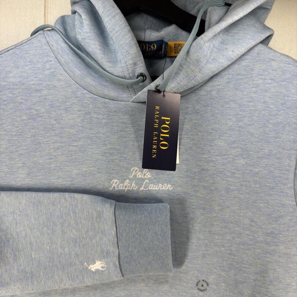 PRL Script Logo Hoodie Mens Small Light Blue Heathered Polo Ralph Lauren Pony